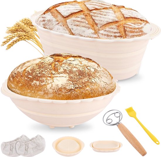 GMISUN Broodrijsmand, 15-delige zuurdesemstarterset, zuurdesemstarterset met ronde houten rijsmand, ovale rijsmanden, rijspot, broodsjablonen, zuurdesemaccessoires voor het bakken van zuurdesembrood