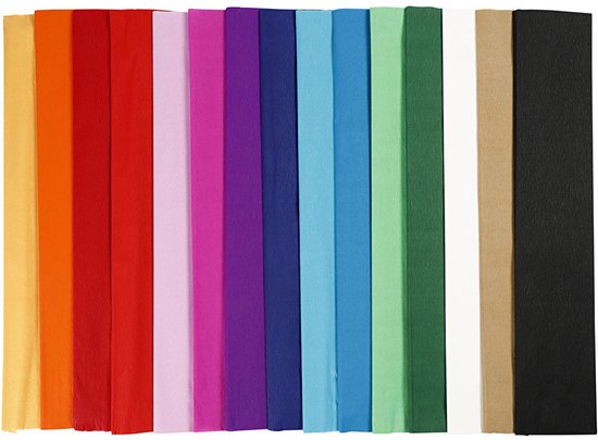 Quinze rouleaux de papier crépon dans une gamme de couleurs, notamment jaune, orange, rouge, rose, violet, bleu, vert, blanc et noir.