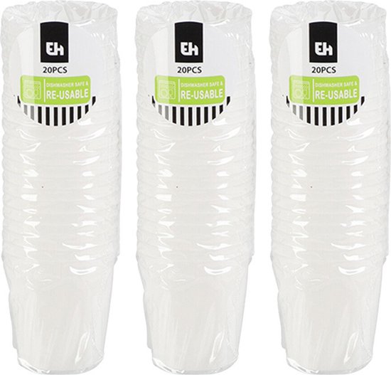 Drie verpakkingen met elk 20 witte, herbruikbare shotglazen van Excellent Houseware.