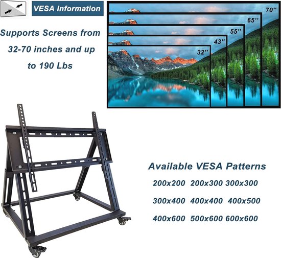 AOKCOS TV standaard voor 32-70 inch platte & gebogen tv, tv-vloerstandaard hoogte 1350 mm, in hoogte verstelbaar, draaibaar, kantelbaar, televisiestandaard, 3 niveaus planken, max. VESA 400 x 400 mm