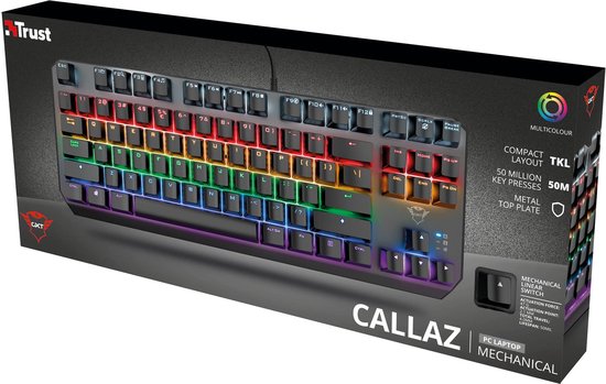 Zwart TKL gaming toetsenbord met multicolour verlichting en metalen top plate.