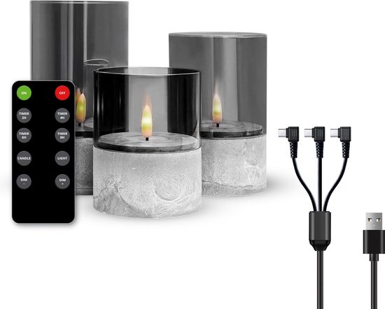 Foto: Flinq luxe oplaadbare led kaarsen inclusief afstandsbediening met timer en dimfunctie nep kaarsen met flikkerende vlam dinerkaarsen oplaadbaar 3 stuks stone look