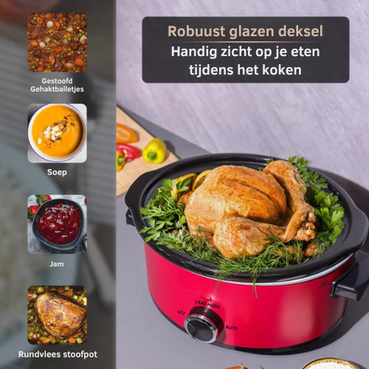 Afbeelding 2 van Slowcooker - Slowcookers - Kooktoestel - 3 Warmtestanden - Vaatwasmachinebestendig - Glazen Deksel - Met Energiezuinige Functie - Cool Touch Handgrepen - Roestvrij Staal - Keramische Binnenpan - Met Temperatuur Indicator
