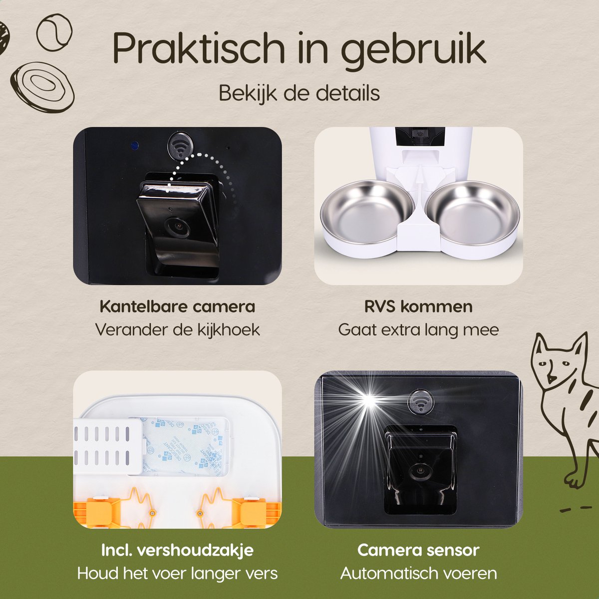 Afbeelding 3 van Prime AnimalZ Automatische Voerbak dubbel met stoomborstel voor kat en hond - Voerautomaat Dispenser - voerbak kat dubbel- met Camera - Full HD 1080P Camera met night vision - Two-way Audio - 7L- Wit