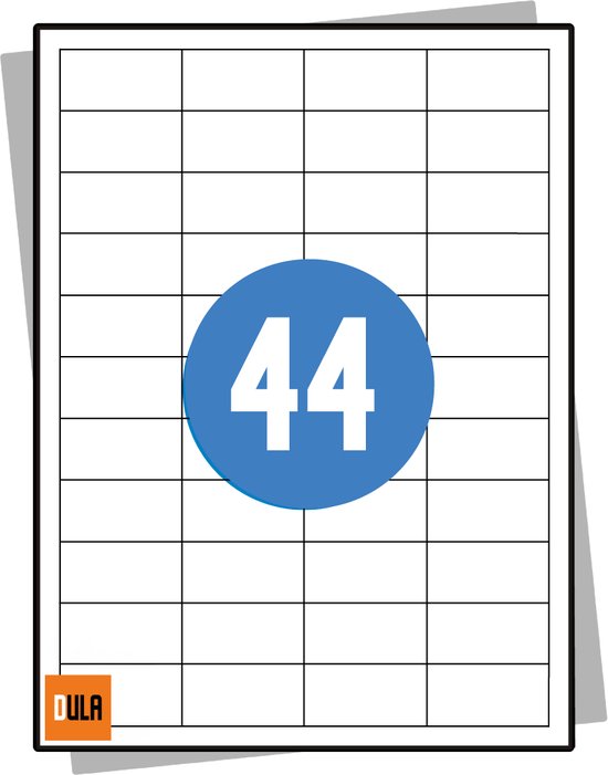 Vel met 44 witte, rechthoekige etiketten, geordend in 6 rijen van 8 en 2 extra, met een blauwe cirkel met het cijfer 44 in het midden.