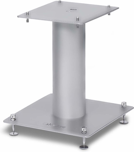 Zilveren speakerstandaard met vierkante boven- en onderplaat, verbonden door een ronde, massieve poot.