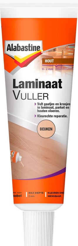 Alabastine Laminaatvuller beuken. Tube met oranje en witte opdruk. Toont lakens met houtnerf en de tekst "Hout" en "Beuken". Max. diepte 2 mm.