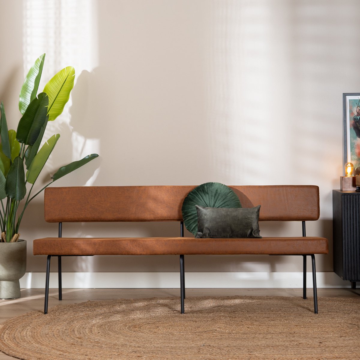 Bronx71® Industriële eetkamerbank Espen cognac eco-leer 190 cm - eettafelbank - eetbank