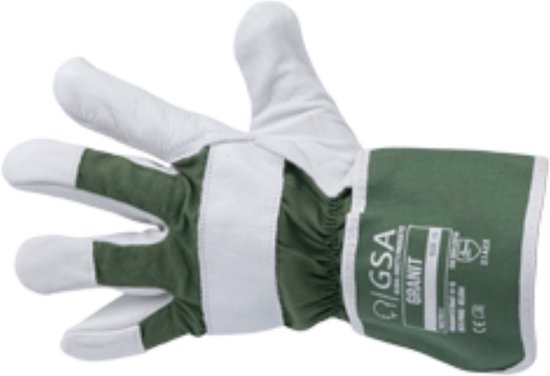 GSA werkhandschoen, maat 10, wit leer met groene accenten en brede witte manchet met logo.