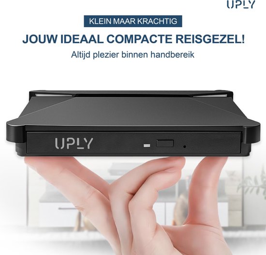 Hand met zwarte UPLY externe DVD-speler. Klein en compact, ideaal als reisgezel voor media.