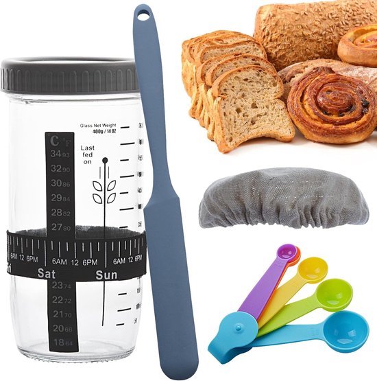 Zuurdesem Starter Jar Kit, 700 ML Zuurdesembrood-bakcontainer, Brood Fermentatie met Datum Gemarkeerde Voedingsband Thermometer Doek Cover & Metalen Deksel Herbruikbare Bakaccessoires