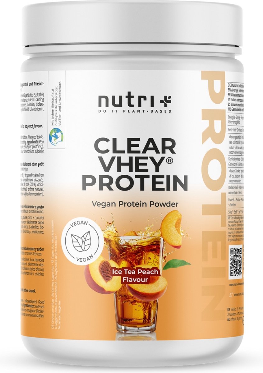 Goedkoopste nutri Clear Vhey Protein - Eiwit limonade Ice Tea Peach - Veganistisch proteïnepoeder - heldere eiwitshake met erwteneiwit - 400 g