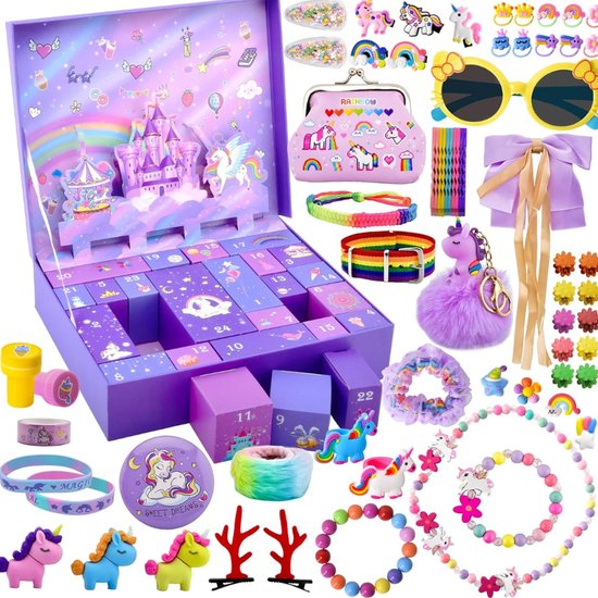 Adventskalender 2024 voor Meisjes Kerst Countdown Kalender 24 Dagen Unicorn Cadeautjes voor Kinderen Meisjes Inclusief Haarsieraden Haarclips Armbanden Portemonnee