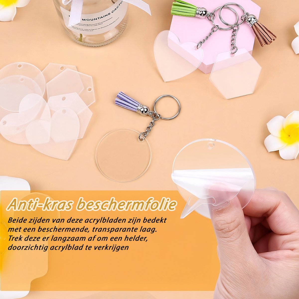 155-Delig DIY Sleutelhangers Maken Knutselpakket met Sleutelringen, Kwastjes, Blanco Transparant Plastic Plexiglas - Foto/Sleutellabels Personaliseren - Knutselen Meisjes, Jongens, Volwassenen Sieraden Hobby - Leeg Acryl Plaat Keychain Graveren — afbeelding 8