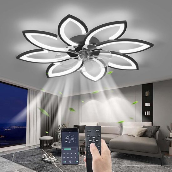 Lightbox plafonnier LED moderne avec ventilateur & télécommande - 14 cm de hauteur, 49 cm - plafonnier