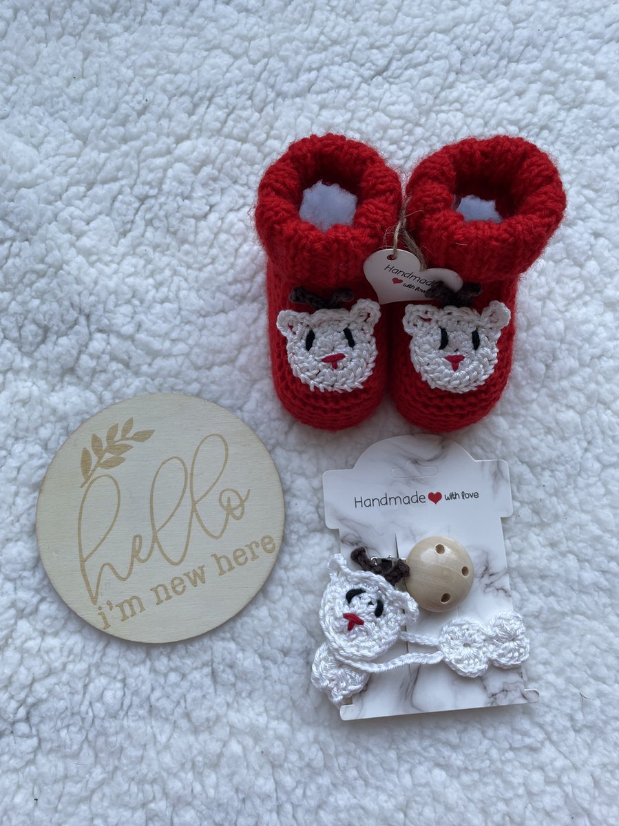 Goedkoopste Maminobaby.nl baby geschenkset | Kerst | Hert | Handgemaakt | Babyslofjes | Speenkoord | Kraamcadeu | Babyshower