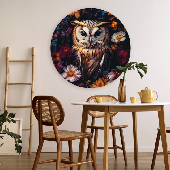 WallCircle - Cercle mural 90x90 - Hibou - Fleurs - Coloré - Nature - Tableaux ronds salon - Plaque murale ronde - Cercle de Décoration murale murale - Décoration de chambre à l'intérieur - Cercle mural de Décoration murale - Accessoires de maison