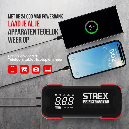 Strex 12V Jumpstarter voor Auto & Motor met Compressor - 4000A / 24.000 mAh - 5-in-1 Starthulp met Compressor, Powerbank, LED Zaklamp en SOS Noodlicht - Jump Starter - Incl. Hardcover