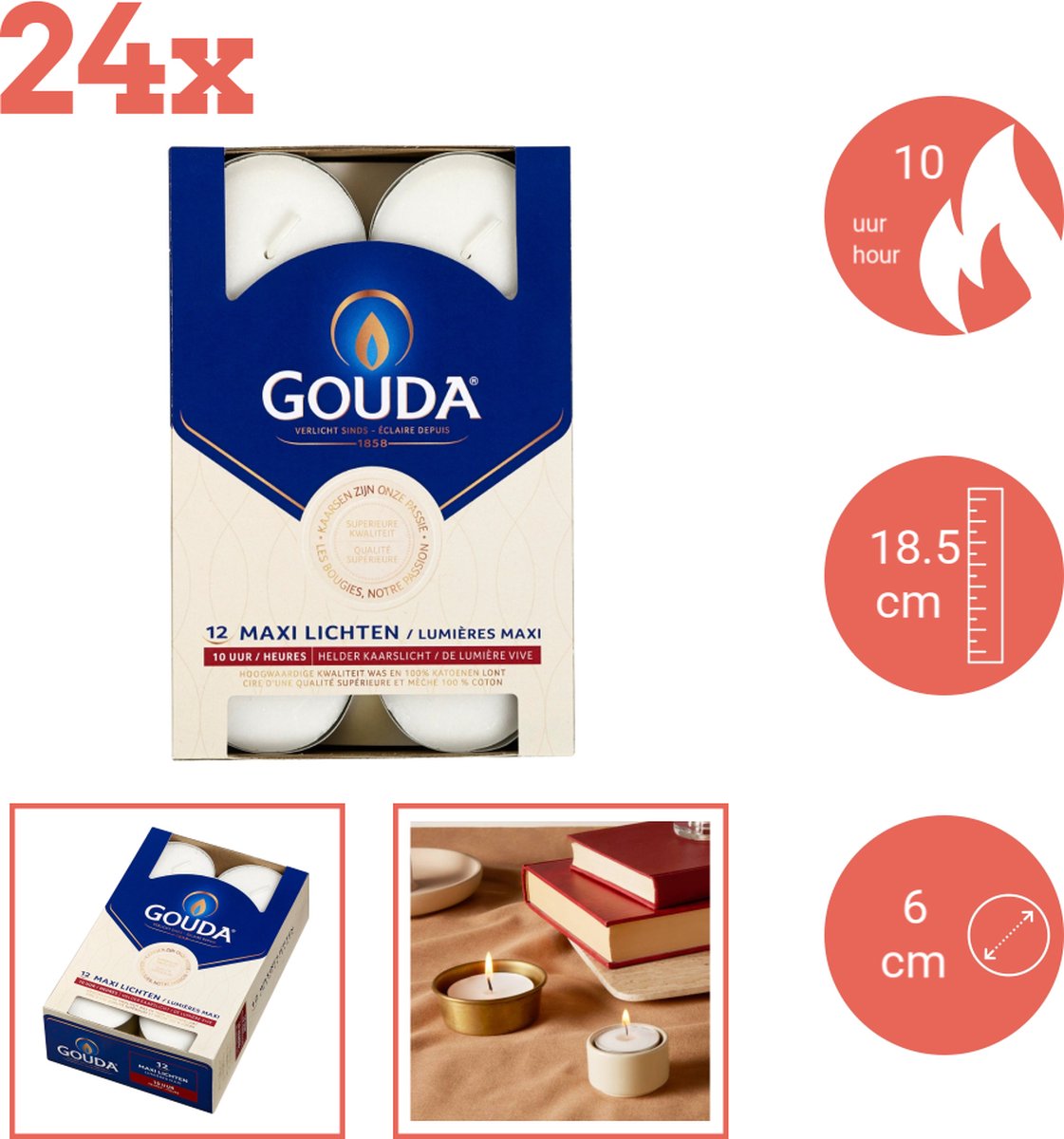 Gouda - Maxi - Theelichten - 12 stuks per verpakking - Doos - Voordeelverpakking - 288 stuks - 24 verpakkingen
