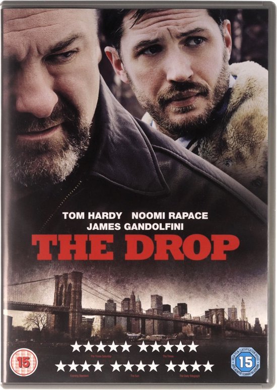 DVD-hoes van The Drop met close-ups van Tom Hardy en James Gandolfini, de Brooklyn Bridge, en sterbeoordelingen.