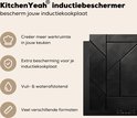 Zwarte inductiebeschermer met geometrisch patroon op een inductiekookplaat, met icoontjes die voordelen weergeven.