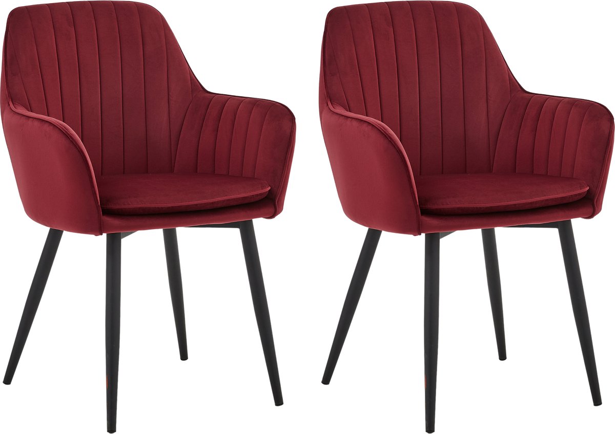 Colenis® - Lavinia Eetkamerstoel - Set Van 2 - Bordeaux - Velvet - Industrieel - Met armleuning