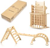 Houten indoor klimrek met klimdriehoek en dubbelzijdige glijbaan voor