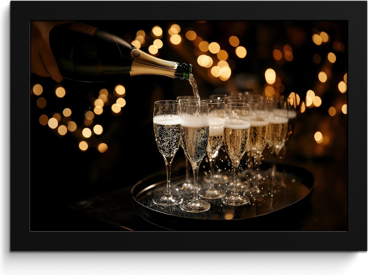 FrameYourWall Fotolijst inclusief poster - Posterlijst 30x20 cm - Posters - Lichtjes - Champagne - Dienblad - Glazen - Foto in lijst - Keuken decoratie muur - Wanddecoratie accessoires - Muurdecoratie - Schilderijen Champagne - Glazen