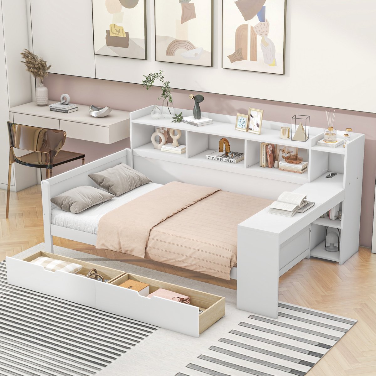 Sweiko Slaapbank 90 x 200 cm, met USB-poort, 2 laden en bureau, zonder matras, spaanplaat, Wit