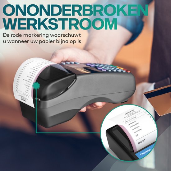 Pinautomaat met kassabon. De tekst 'ONONDERBROKEN WERKSTROOM' en 'De rode markering waarschuwt u wanneer uw papier bijna op is' is zichtbaar.
