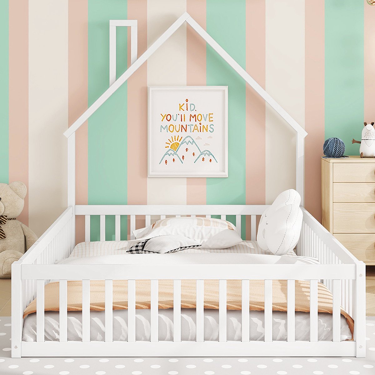 KOMHTOM Kajuitbed Kinderbed 140 x 200 cm hout Lattenbodem Grenen met beschermend hekwerk W