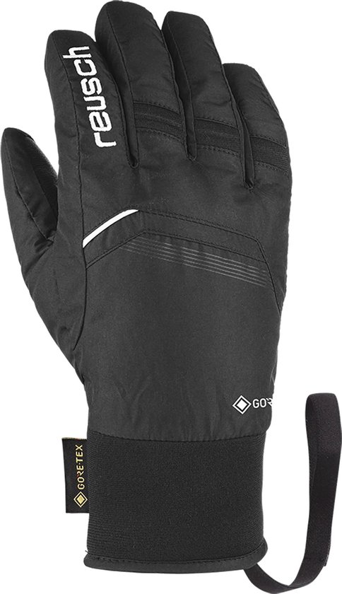 Zwarte Reusch skihandschoen met 'reusch' logo en Gore-Tex details.