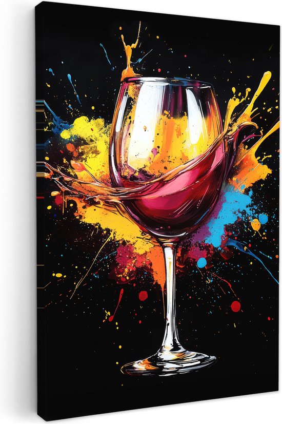 Canvas schilderij 40x60 cm - Wanddecoratie Wijn - Glas - Graffiti - Borrel - Rood - Verf - Muurdecoratie woonkamer - Slaapkamer decoratie - Kamer accessoires - Schilderijen op canvas