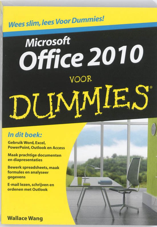 Boekcover van Office 2010 Voor Dummies met een bureaubladscène en een stoel.