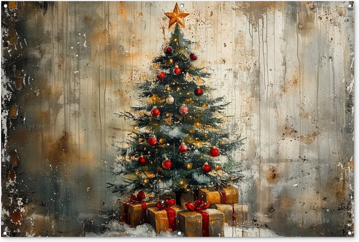 Tuinposter 180x120 cm met vintage Kerstboom decoratie voor buiten.
