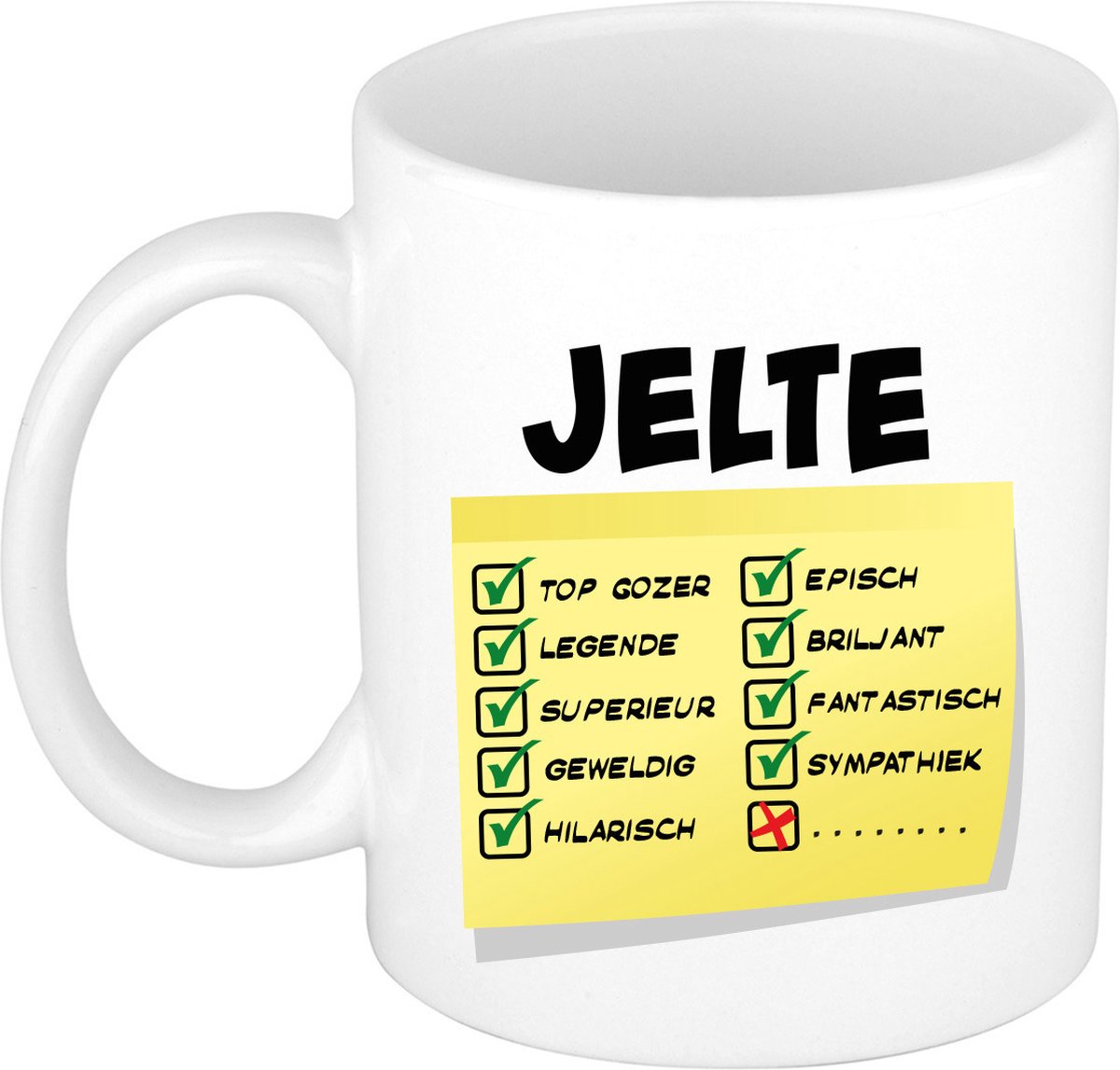 Bellatio Decorations Naam mok Jelte - wit - top gozer - keramiek - 300 ml - cadeau collega beker