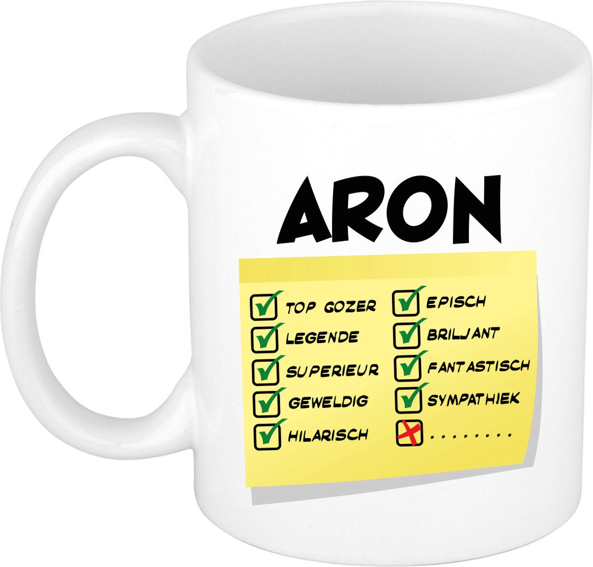 Bellatio Decorations Naam mok Aron - wit - top gozer - keramiek - 300 ml - cadeau collega beker