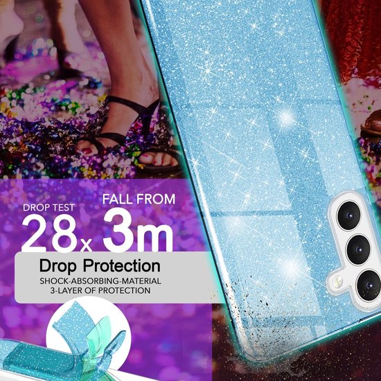 Casemania Coque & Glas Adapté pour Samsung Galaxy A16 - Blauw - Coque Arrière Glitter - 2x Protecteur d'écran en Verres