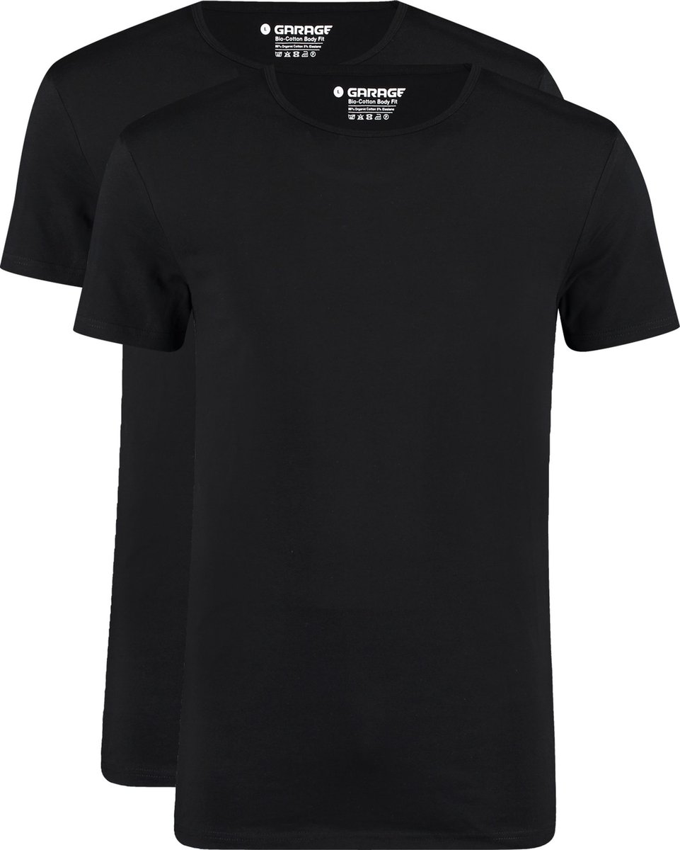 Garage 0221- Bio-Cotton Bodyfit 2-pack T-shirt ronde hals korte mouw zwart S 95% organisch katoen 5% elastan