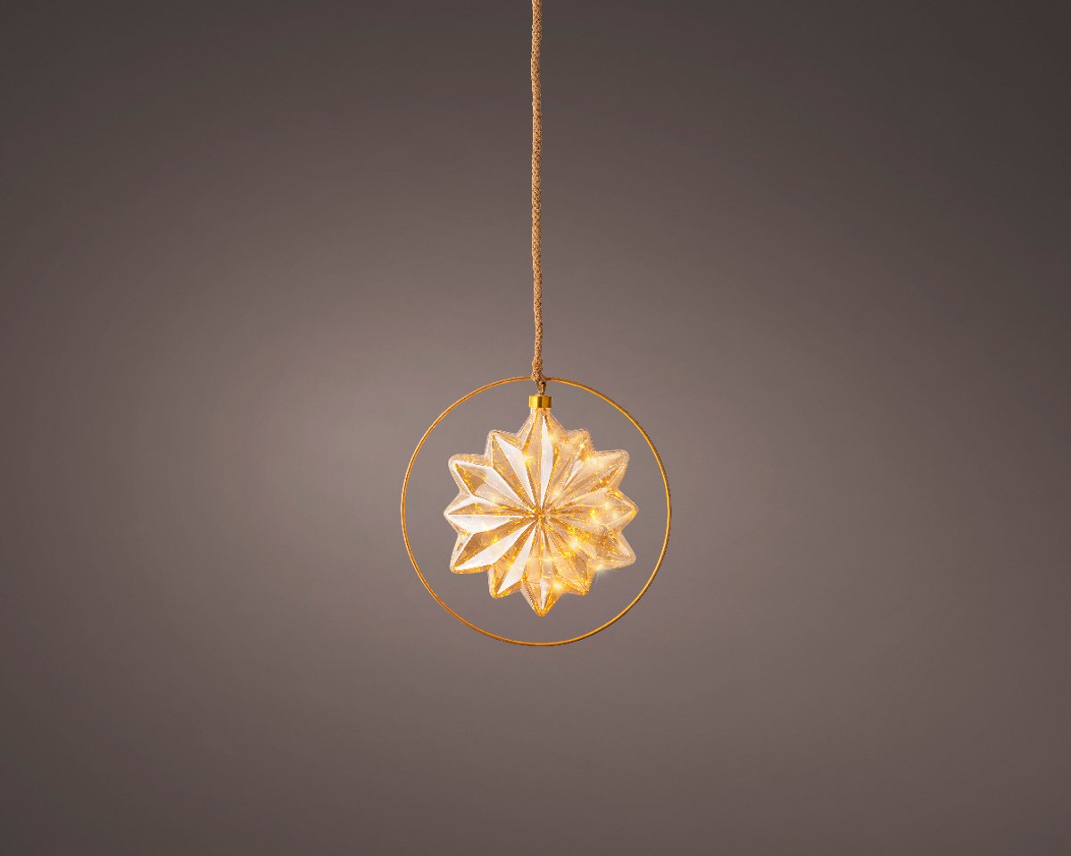 Poolster met jute touw en koperen ring - 15 LED lampjes - 26cm - Amber glas