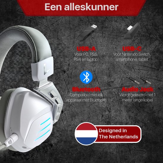 Witte Phreeze GHW3 gaming headset met USB-A, USB-C, Bluetooth en audio jack aansluitingen. Ontworpen in Nederland.