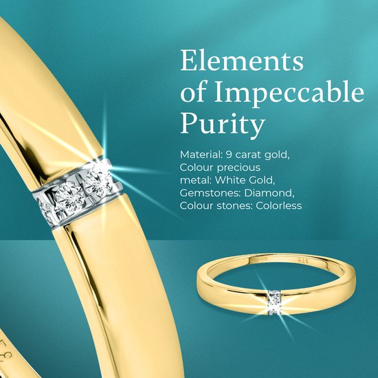 Twee gouden ringen, elk met twee diamanten in een rij, op een teal achtergrond. 'Elements of Impeccable Purity.' Materiaal: 9 karaat goud.
