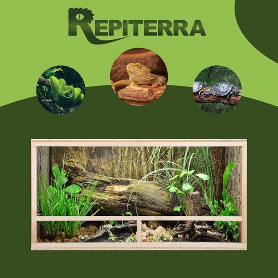 Repiterra Terrarium voor reptielen en amfibieën van OSB-hout, eenvoudig te monteren, ventilatie op het dak, glazen voorkant, 120 x 60 x 60 cm