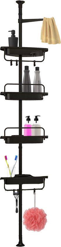 Support de Douche Brixy - Ajustable - 85-305 cm - Sans Embouts - Sol au Plafond - 4 Etagères - 3 Crochet - Zwart