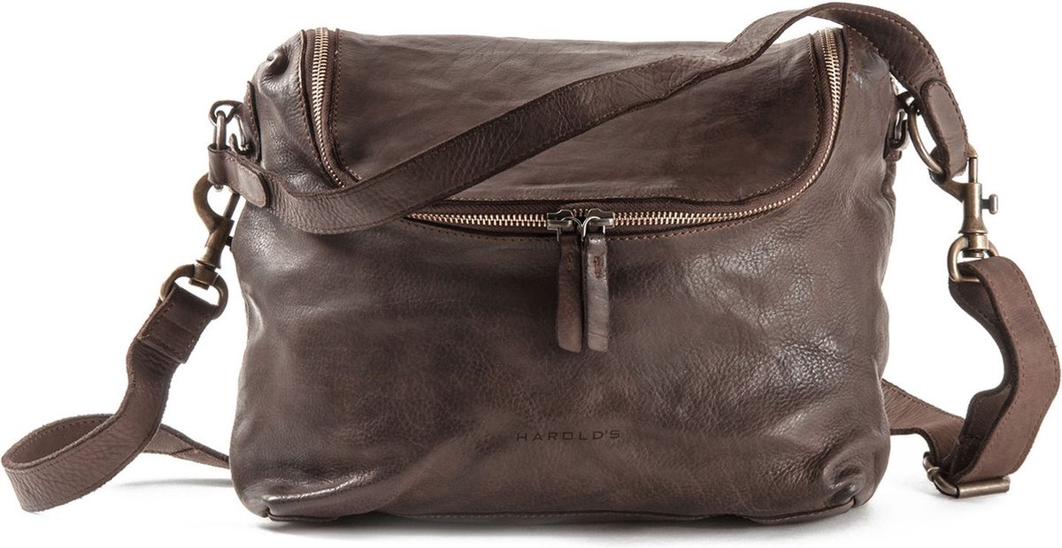 HAROLD'S Leren Schoudertas Submarine Zipperbag Brown Donkerbruin