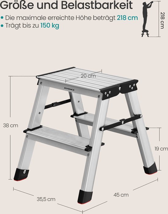 Rootz Échelle à 2 marches - escabeau en alliage d'aluminium - escabeau pliant - marches antidérapantes - 45 cm x 35,5 cm x 38 cm