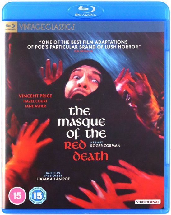 Blu-ray hoes van The Masque of the Red Death, met Vincent Price die paniekerig naar boven kijkt, omringd door rode handen.
