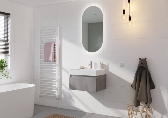 HOKO® Design led-lichtspiegel, ovaal, 45 x 75 cm, lijst mat zwart, hoge dwarse montage mogelijk. Badkamer wandspiegel LED verlicht touch schakelaar LED-licht wisselend - warm wit - koud wit
