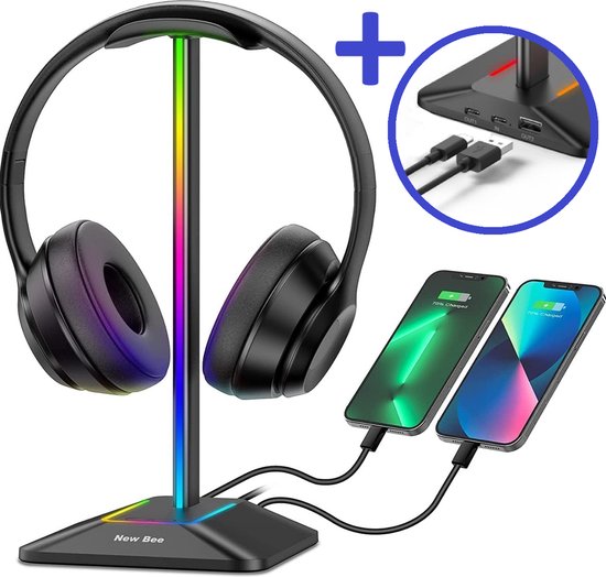 3-in-1 RGB Headsetstandaard Met Draadloos Opladen – 7 Verlichtingsmodi, USB-C En USB-poorten – Gaming Bureau-accessoire Voor Headset, Telefoon En Smartwatch
