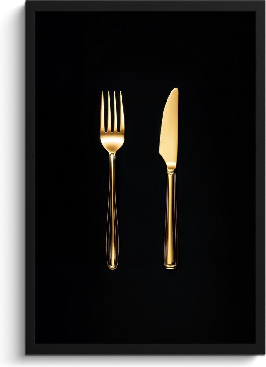 FrameYourWall Fotolijst inclusief poster - Posterlijst 40x60 cm - Posters - Bestek - Goud - Mes - Vork - Foto in lijst - Keuken decoratie muur - Wanddecoratie accessoires - Muurdecoratie - Schilderijen